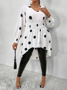 Maweii Plus Size Polka Dot Print Waist Long Sleeve Short Front And Long Back Shirt - White - View 5