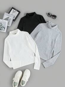 SHEIN EZwear Camisa de cuello alto de manga larga con costillas para mujer de talla grande, paquete multicolor de ropa de otoño e invierno para mujeres
