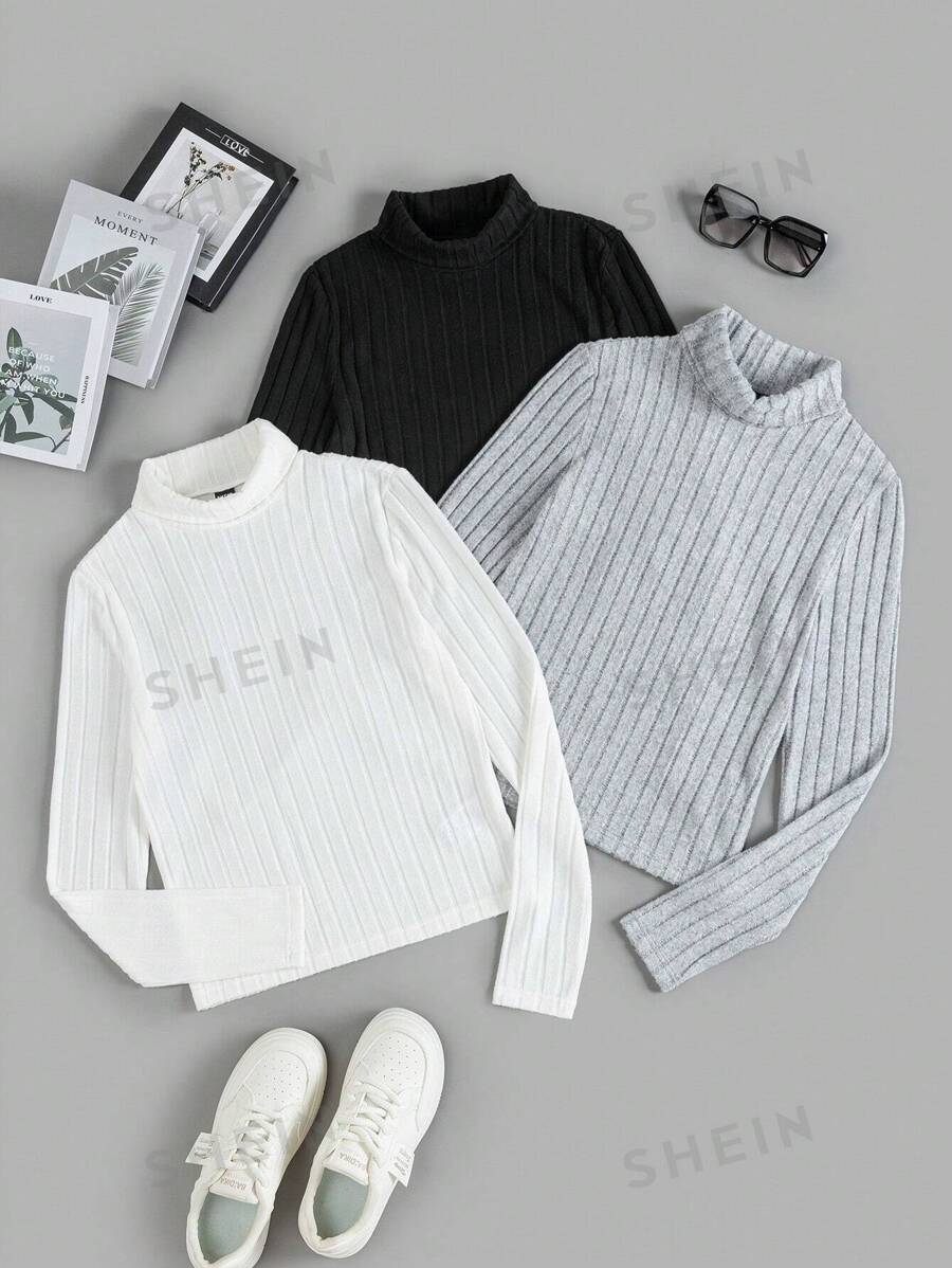SHEIN EZwear Camisa de cuello alto de manga larga con costillas para mujer de talla grande, paquete multicolor de ropa de otoño e invierno para mujeres