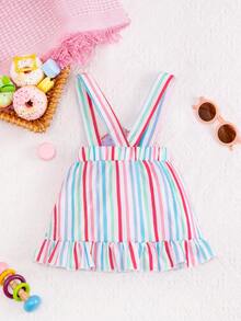 Baby Girls' Cute Rainbow Striped Suspender Dress - Pink - View 2