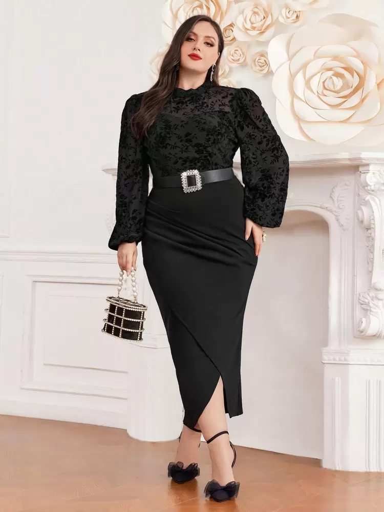 Plus Size Plush Mesh Lantern Sleeve Top And Skirt, 2pcs/Set (Without Belt) 2 Piece Set