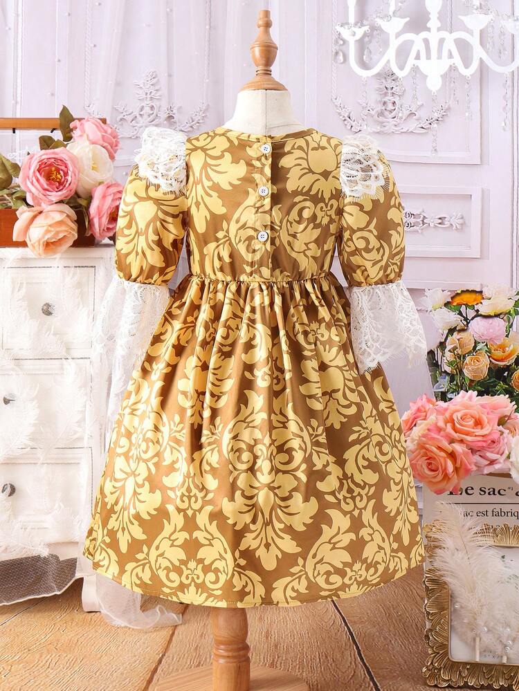 Little Girls' Full Print Lace Patchwork Dress