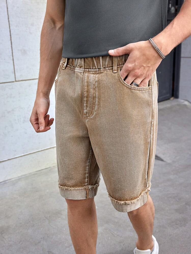 Men'S Water Washing Casual Cool Straight Knee Length Denim Shorts