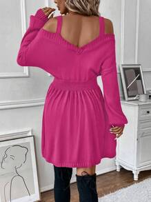 Chiquease Solid Color Open Shoulder Batwing Sleeve Sweater Dress Fall Cloth For Women - Hot Pink - View 2