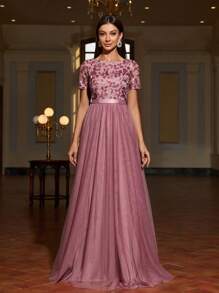 Faeriesty Sequin Contrast Mesh Floor-Length Formal Gown - Dusty Pink - View 4
