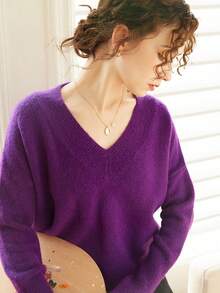 Knit Mix Women's V-Neck Loose Pullover Sweater - Purple - View 4