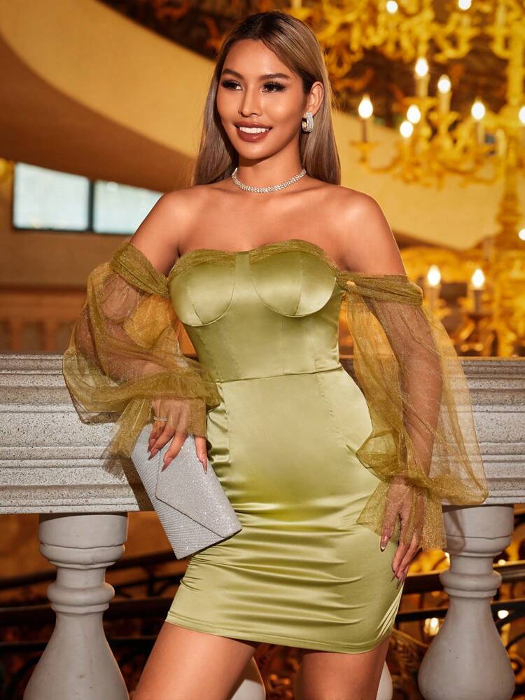 Ladies' Off-Shoulder Mesh Long Sleeve Bodycon Dress Fall Cloth For Women