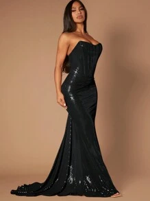 SHEIN SXY 闪光露背美人鱼紧身连衣裙 - 黑色 - 查看 5