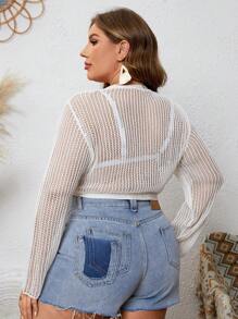 SHEIN Swim Curve 1 chiếc áo khoác cardigan kimono dệt kim màu trơn cỡ lớn mùa hè - trắng - Xem 2