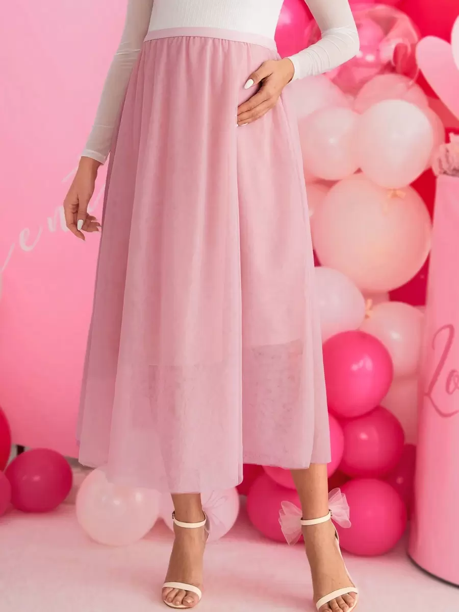 SHEIN Maternity High Waist Mesh Overlay Skirt - Pink - View 1