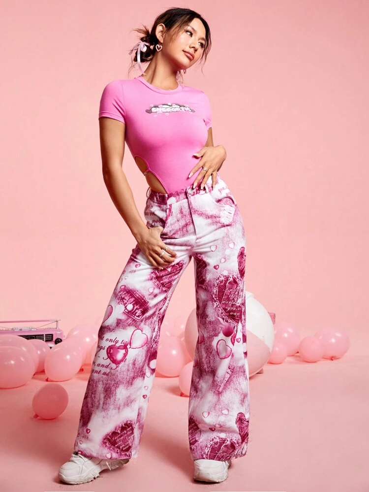 Women's Heart Letter Print Casual Denim Effect Pants