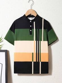 SHEIN Leap Crew Tween Boys' Casual Color Block Turn Down Collar Short Sleeve Polo Shirt - Multicolor - View 1