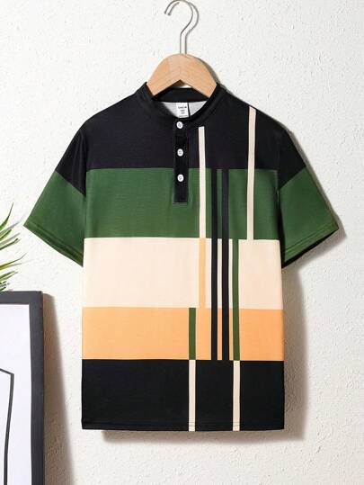 SHEIN Leap Crew Tween Boy Enkel Färgblock Avslå Krage Kort Ärm Polo Skjorta