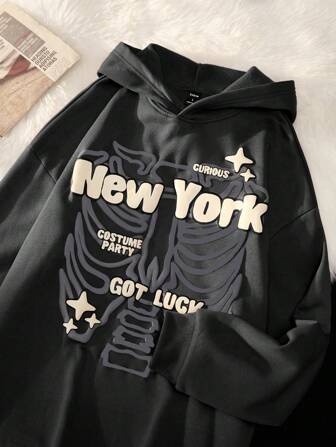 Manfinity Roghcode Men's Skull Letter Graphic Hooded Drop Shoulder Sweatshirt, For Fall