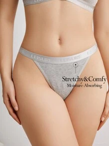 女士字母細節肋條丁字褲底部帶織錦帶 - 灰色 - 查看 6