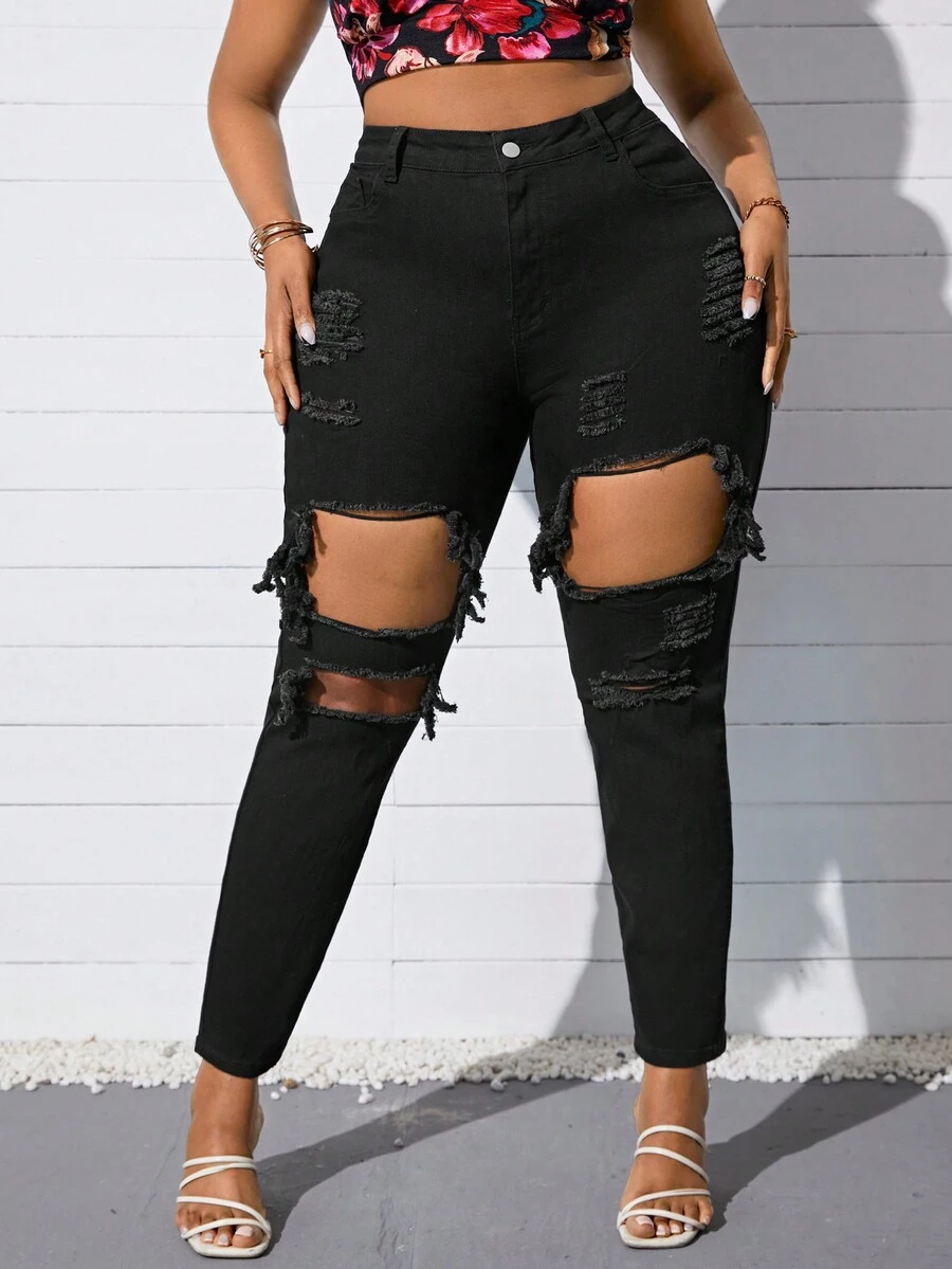 SHEIN SXY Kích thước lớn Đen Quần jean rách - màu đen - Xem 1
