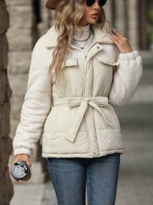 SHEIN LUNE 女式拼布面料翻领拉链细节加厚棉服外套冬季 - 米色 - 查看 5