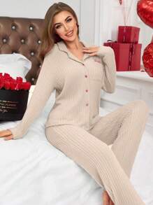 Conjunto De Ropa De Casa De Canalé Con Bordado De Letras Para Mujer - Albaricoque - Ver 6