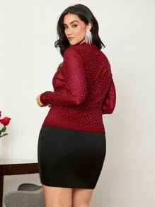 SHEIN Privé 大尺碼女裝鑲鑽網眼立領上衣 - 酒紅色 - 查看 2