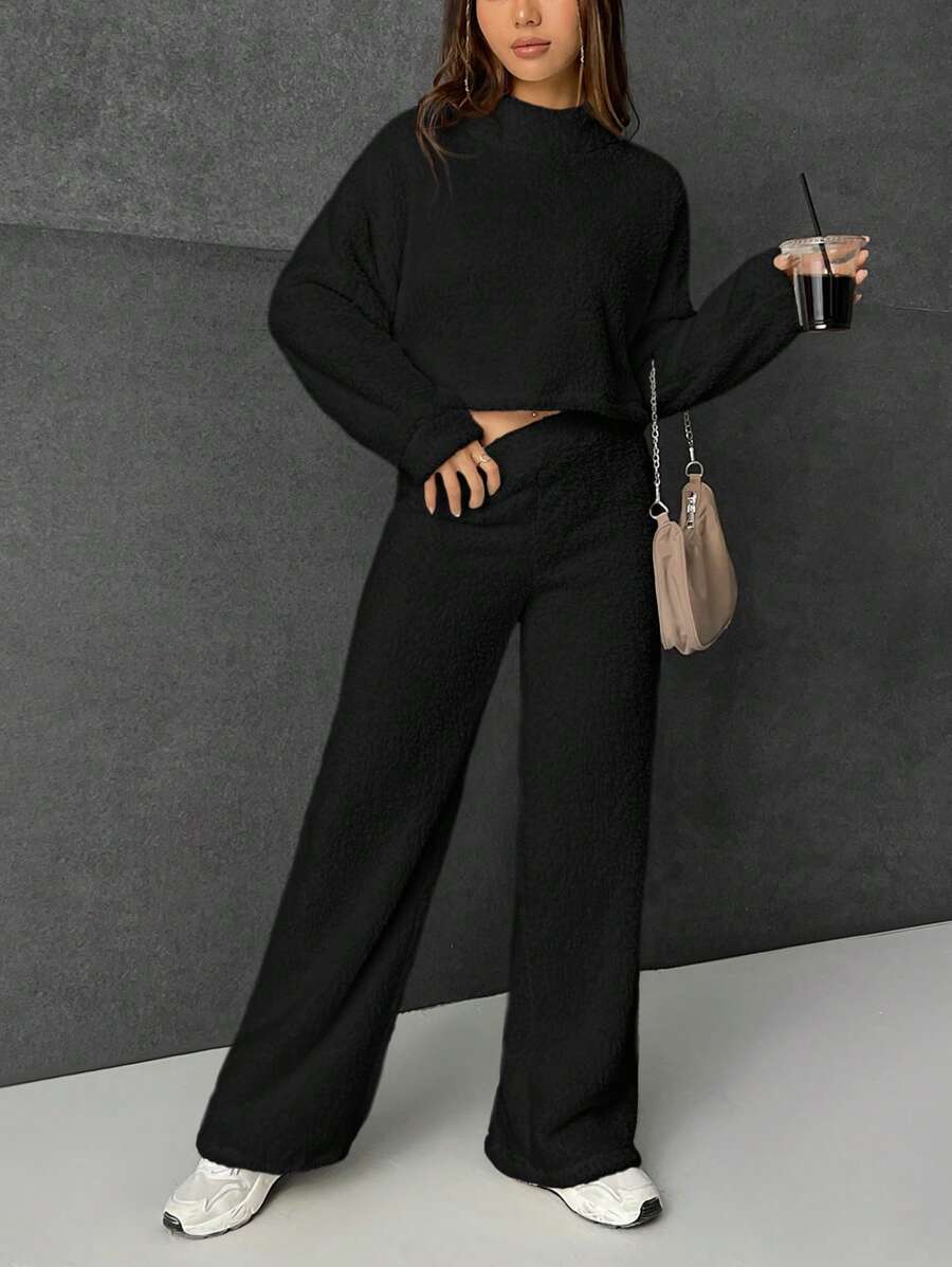 SHEIN EZwear Của phụ nữ Màu thuần Đứng cổ áo Teddy Lông cừu Hai chiếc Bộ - màu đen - Xem 1