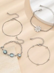 ROMWE Hippie 4入組極簡寶石與鍊鏈手鍊套裝 - 銀色 - 查看 5