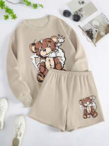 SHEIN EZwear 女小熊印花圓領運動衫與短褲套裝 - 卡其色 - 查看 1