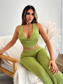 SHEIN SXY Của phụ nữ Bộ Với Cổ bò Áo hai dây Và Dài Quần loe - màu xanh lá - Xem 5