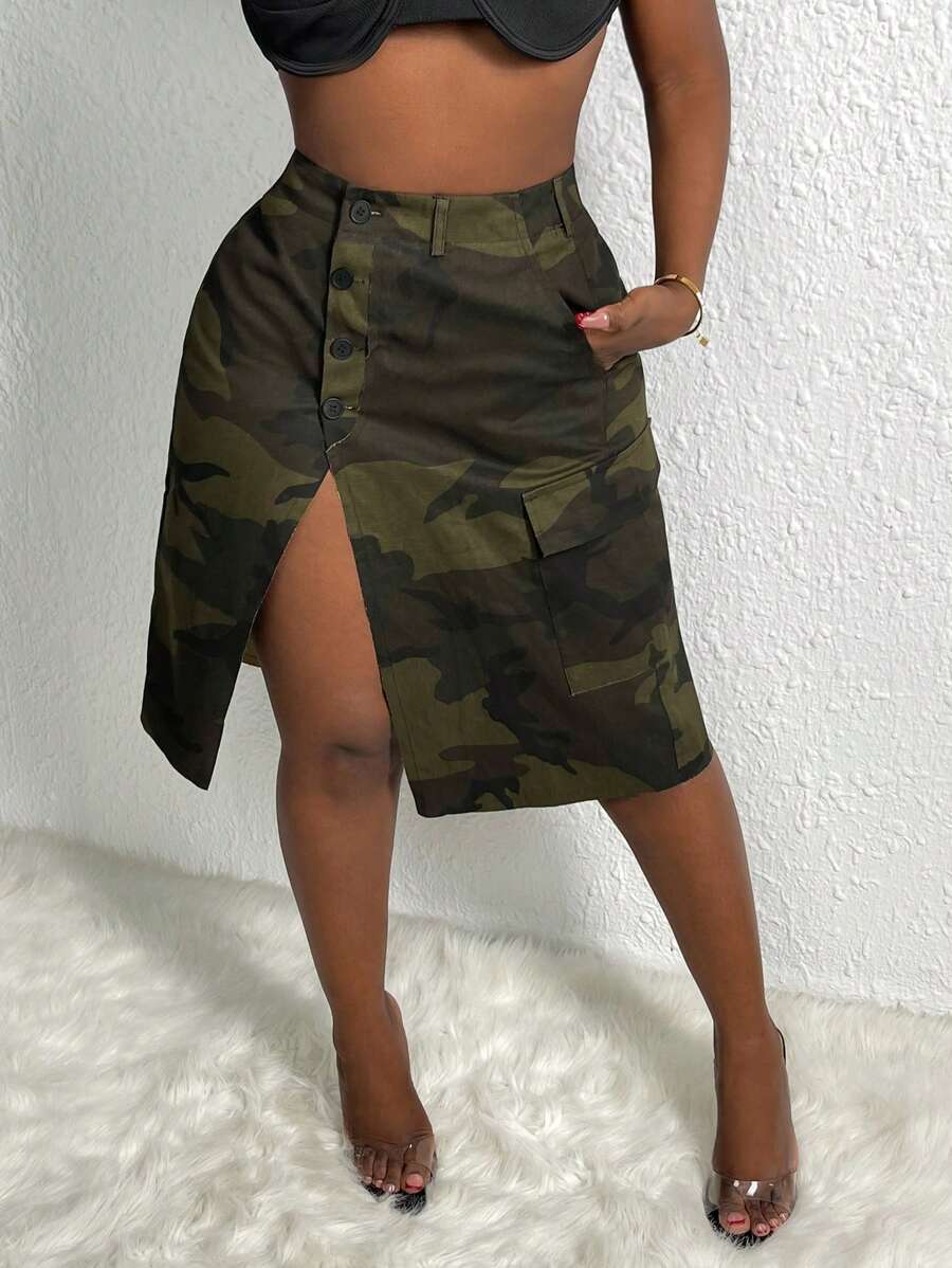 Slaydiva 迷彩工裝不對稱性感搭扣&開叉細節半身裙 - 彩色 - 查看 1