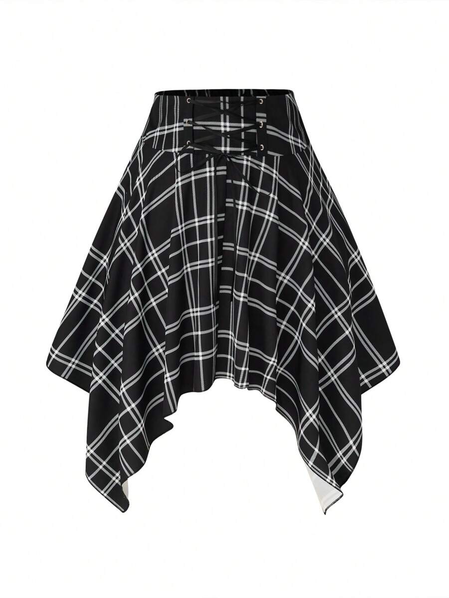 Calvaya Chân váy kẻ caro viền bất đối xứng cỡ lớn cho nữ - màu đen - Xem 1