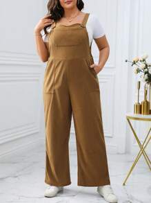 Calvaya 女款大尺碼純色連身褲,並帶有鈕扣口袋和寬鬆褲腿 - 卡其色 - 查看 3