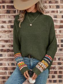 SHEIN LUNE 女士幾何印花長袖毛衣 - 軍綠色 - 查看 6