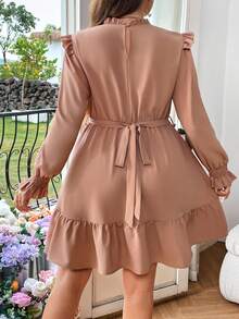 SHEIN Franclia 大尺碼女士荷葉邊打擺連衣裙 - 卡其色 - 查看 2