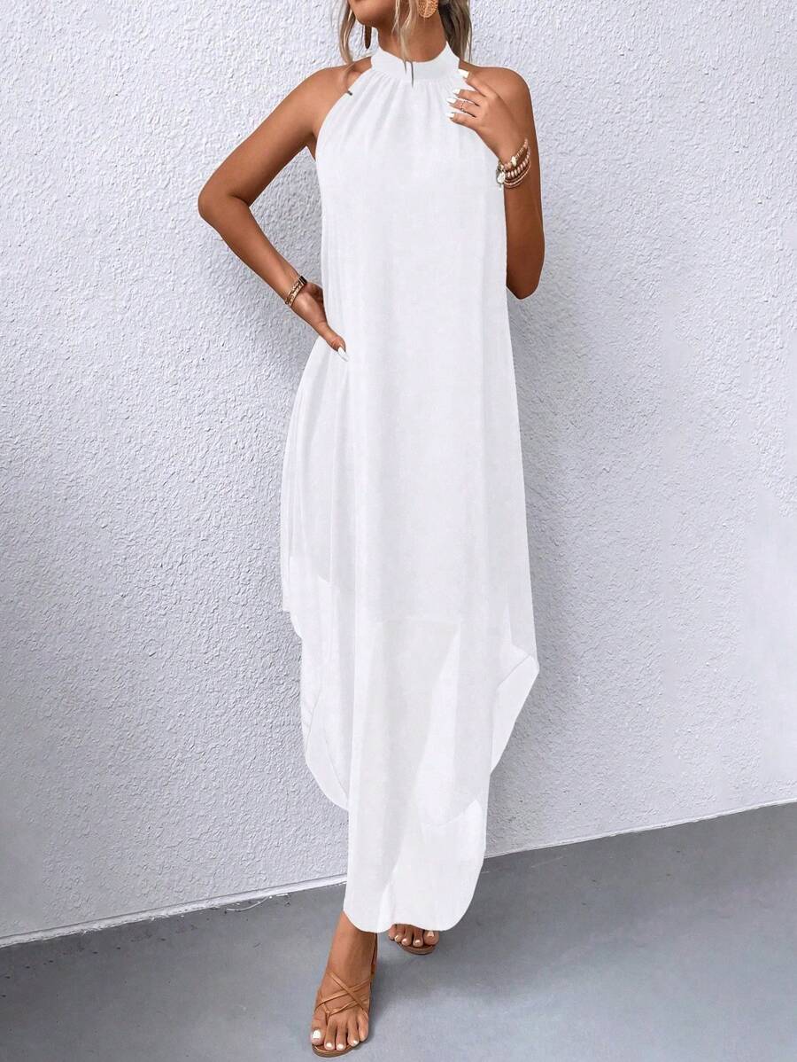 EARO Women's Summer Solid Color Pleated Casual Maxi Halter Dress