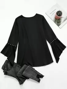 INAWLY Women's Ribbed Bell Sleeve T-Shirt - Black - View 2
