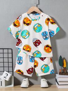 Young Boy 2pcs/Set Cute Casual Street Style Cartoon Print Loose-Fit Comfortable Drop Shoulder T-Shirt And Shorts Spring/Summer Outfits Suitable , Home Wearing, School - Apricot - View 1