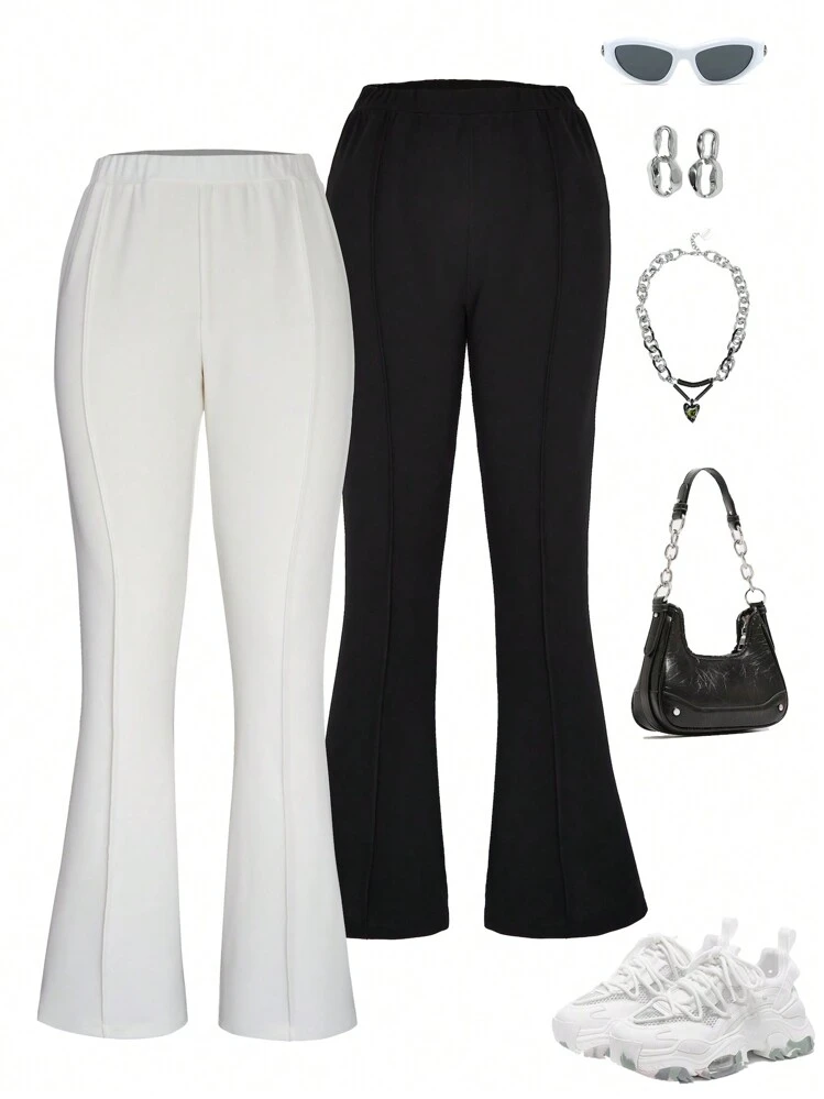 Ensemble De Pantalons Évasés Pour Filles Adolescentes À Taille Élastique En Noir Et Blanc, 2 Pièces/set - Noir et Blanc - Voir 1