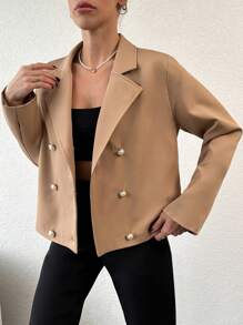 EURMUSE Ladies' Lapel Collar Double-Breasted Blazer - Camel - View 1