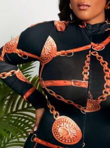 Slaydiva 大尺寸鏈條印花立領長袖修身連身裙 - 黑色 - 查看 4