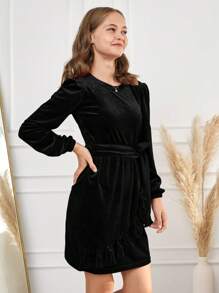 RueChic A-linie-kleid Für Teenager-mädchen Mit Lanterne Ärmeln Und Gürtel