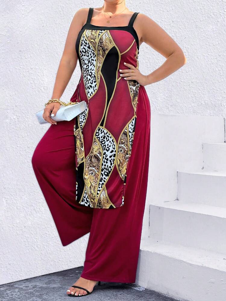 Plus Size Printed Patchwork Slit Top And Solid Color Trousers Two-Piece Set