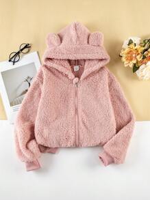 SHEIN Tween Girls' Hooded Plush Jacket With Cute Ears And Zipper Front - Pink - View 1