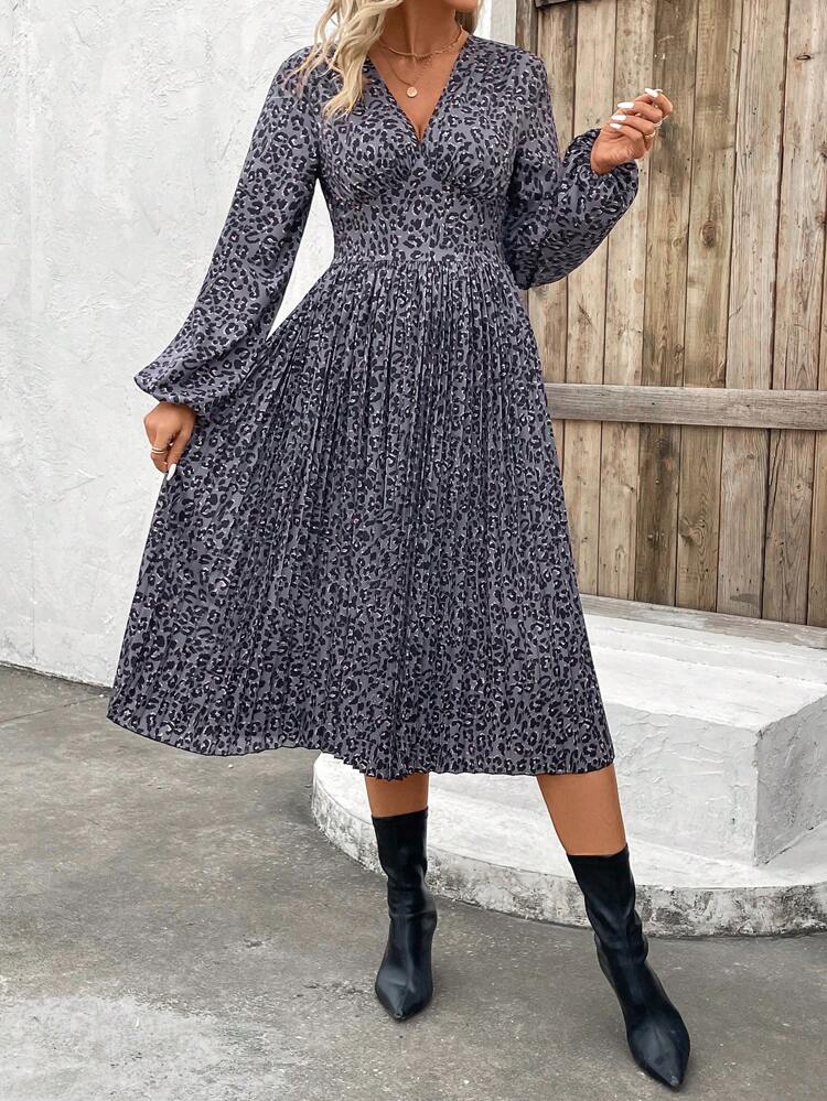 Women'S Leopard Print Lantern Sleeve Pleated Dress Winter Vacation Flower