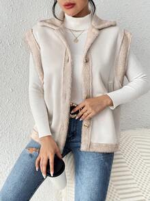 SHEIN Frenchy 1件 Teddy 毛絨內襯釦扣夾克 - 杏色 - 查看 4