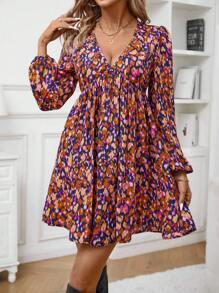 SHEIN Frenchy Của phụ nữ In Tay áo lồng đèn Đầm - Nhiều màu - Xem 4