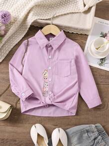 SHEIN Girls' Comfortable And Casual Long Sleeve Shirt With Lovely Cat Print - Lilac Purple - View 1