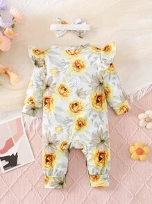 2入組嬰兒女童優雅卡通花卉角色和眼鏡印花圓領長袖連身褲和髮箍 - 彩色 - 查看 2