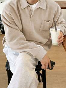 DAZY Men's Half Button Collarless Patch Pocket Sweatshirt Fall,Winter - Beige - View 2