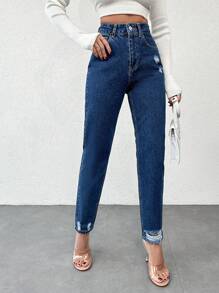EURMUSE Ladies' Distressed Cone Shape Jeans ,Petite Women - Dark Wash - View 6