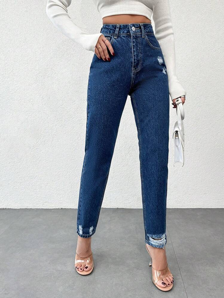 EURMUSE Ladies' Distressed Cone Shape Jeans - Dark Wash - View 6