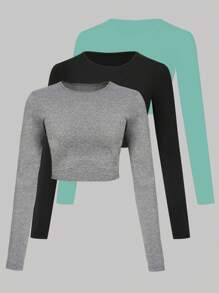 SHEIN Essnce 3 件純色長袖 T 卹 - 薄荷綠 - 查看 1